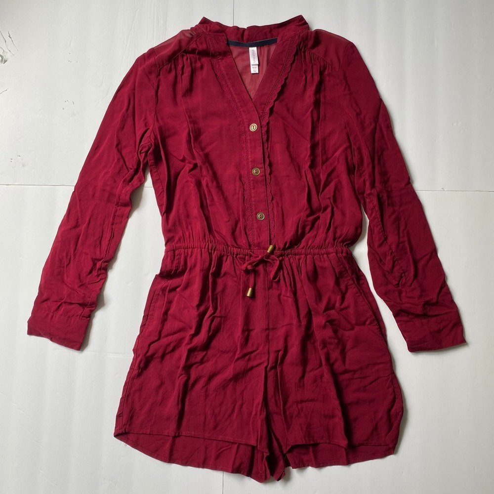 Xhilaration maroon deep red long sleeve button front romper medium